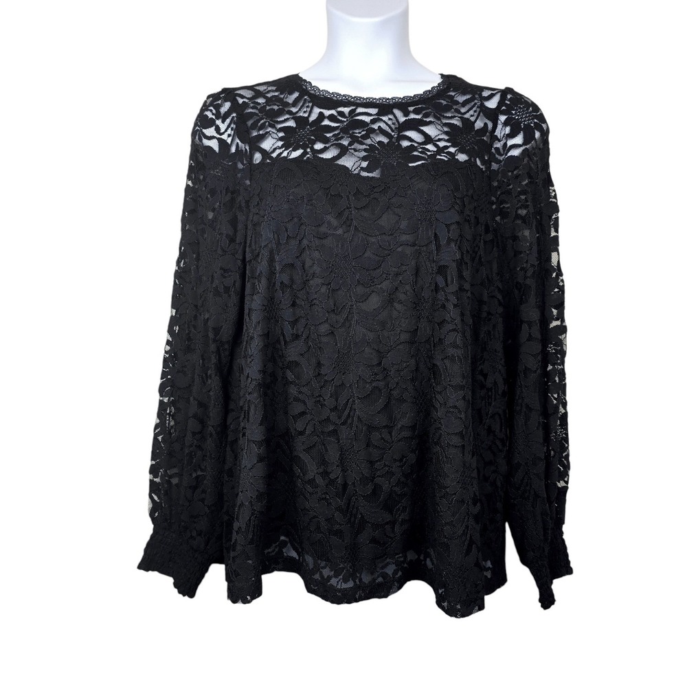 Torrid Womens Long Sleeve Black Floral Lace Smocked Cuff Top Size 0X / L NWT